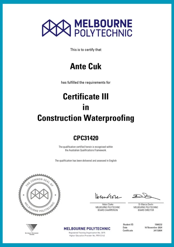 Construction Waterproofing Certificate
